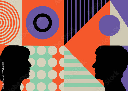 Abstract geometric composition featuring silhouettes of two facing profiles