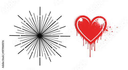 Graffiti heart vector with dripping red paint and edgy black sunburst star element in urban street art style for t-shirt design