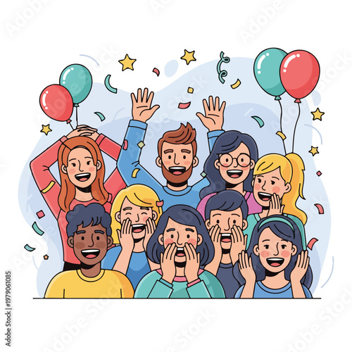 Group of diverse people celebrating a happy event with balloons and confetti