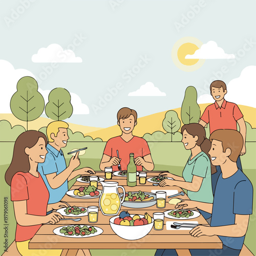 Group of friends enjoying a picnic at an outdoor table on a sunny day