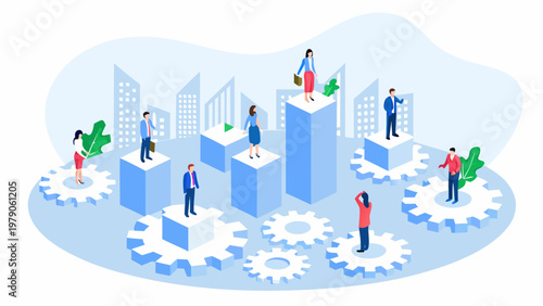 Isometric illustration depicting diverse people on ascending platforms symbolizing success