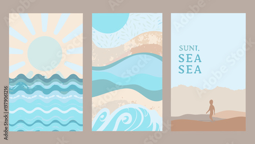 Abstract geometric sea and sun designs in a vertically oriented triptych