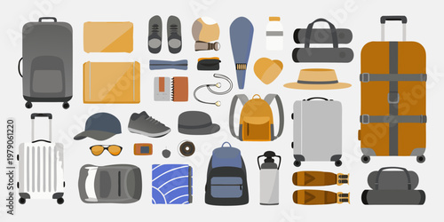 Colorful assortment of travel items including luggage clothing and accessories