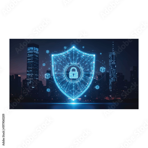 Advanced cybersecurity shield protecting networks, detecting threats, preventing breaches, ensuring data integrity
