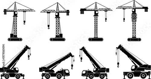 Construction crane silhouettes set including tower cranes and mobile cranes isolated on white background for industrial engineering and heavy equipment themes