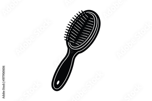 A simple black and white illustration of a hairbrush on a white background