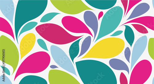 Colorful teardrop shapes cascade across a white backdrop