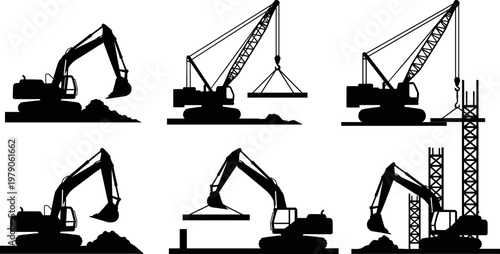 Construction machinery silhouettes vector set featuring excavators and cranes working on building site isolated black heavy equipment for industrial design and engineering graphics