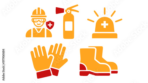 Safety gear icons including helmet, gloves, boots, and protective equipment.