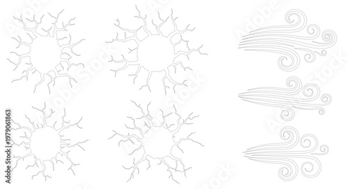 Elemental game assets set with cracked earth stone textures and magical blue wind swirls vector