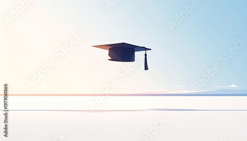 Graduation mortarboard floating in bright clean sky background