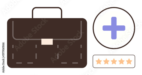 Business, professional services, healthcare, customer satisfaction, quality assurance, productivity. A briefcase, plus symbol and star ratings displayed. Business and professional services