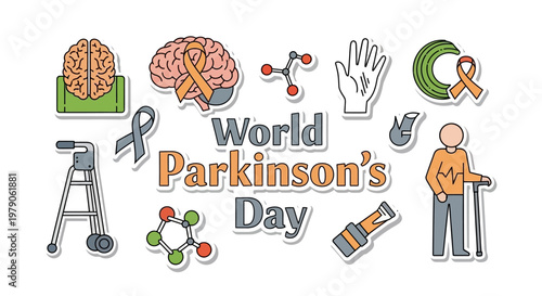 A detailed vector illustration commemorates World Parkinson's Day, featuring symbols like a brain with a ribbon, a hand, and a person with a cane, set against a clean white background