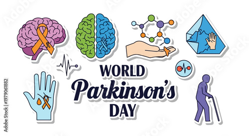 Parkinson’s disease awareness is highlighted in an illustrative vector design featuring brain health symbols and support elements for World Parkinson's Day against a clean white backdrop