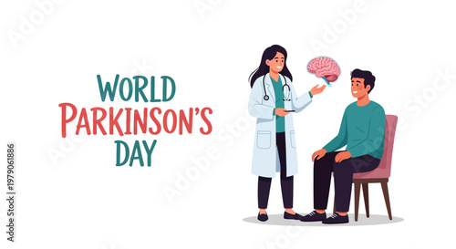 A doctor explains Parkinson's symptoms to a patient, holding a brain illustration in a medical awareness campaign against a clean white background, promoting neurodegenerative disease