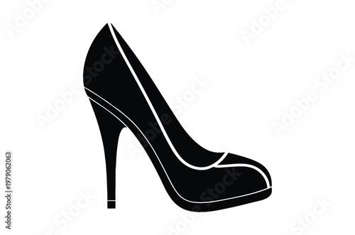 A minimalist black and white illustration of a single high heeled shoe
