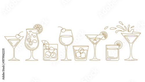 Collection of vintage cocktail glasses and bar tools on wooden surface Vector