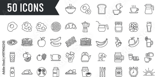Breakfast food line icon set with coffee bread eggs pancakes fruits and kitchen items for menu design and cafe branding