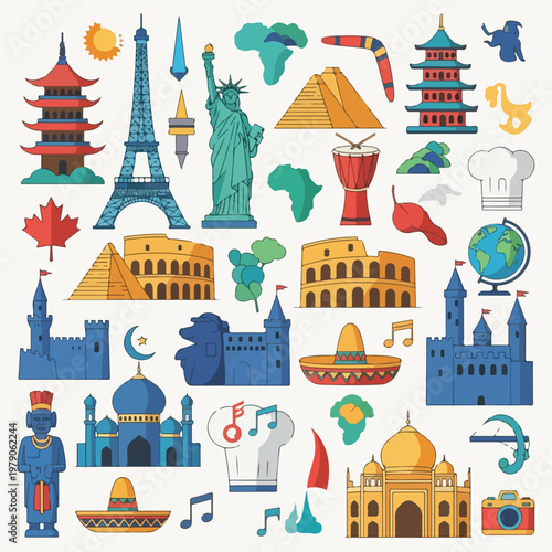 Colorful travel and cultural icons scattered on a white background