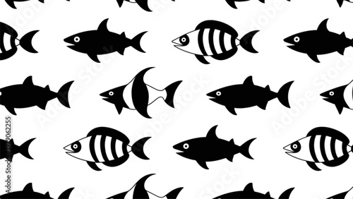 Black and white school of stylized fish swimming in a pattern Vector