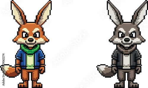 Two pixel art anthropomorphic fox and wolf characters standing upright, wearing jackets and scarves, in a charming retro video game style.
