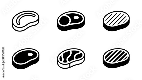Six stylized illustrations of different types of meat patties and slices Vector
