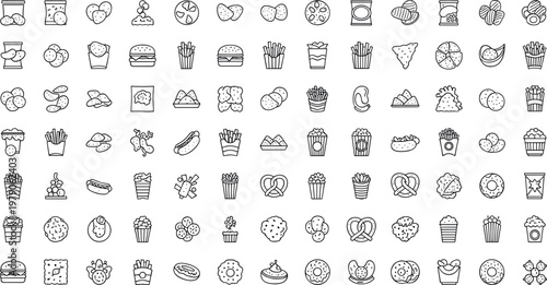 Fast food and snack line icon set with junk food sweets bakery items for menu design and delivery apps