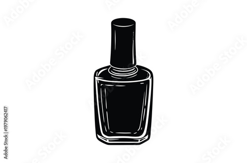 A simple black and white illustration of a nail polish bottle