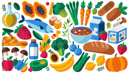 Colorful assortment of fresh fruits and vegetables in a vibrant arrangement Vector
