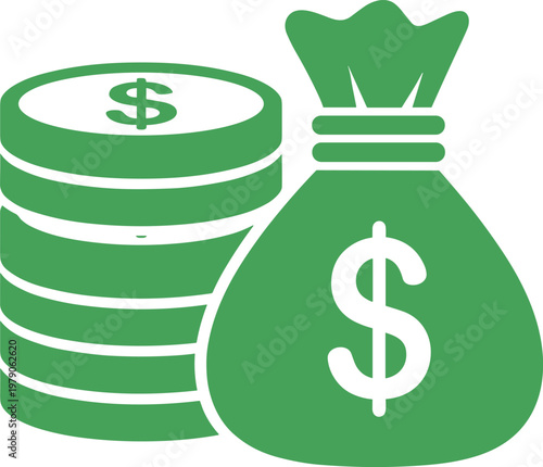 Money bag and coin stack flat icon representing finance savings investment banking wealth concept for business marketing and applications