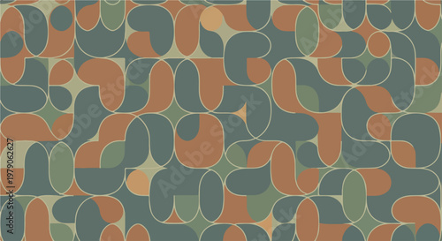A pattern of interlocking green and brown ovals on muted background