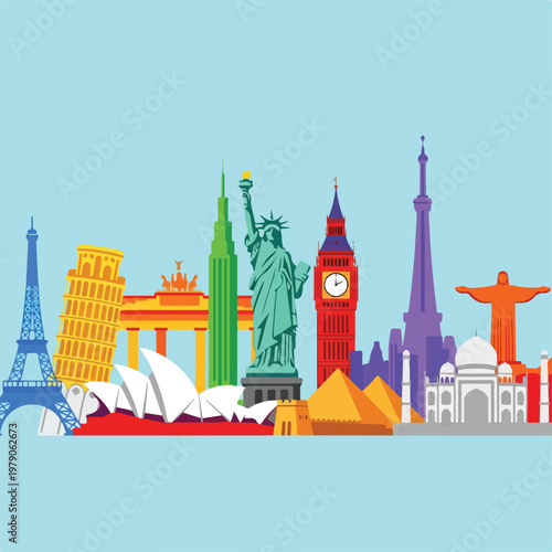 Colorful travel graphic displaying landmarks and a variety of famous structures