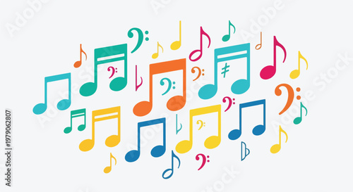 Colorful musical notes scattered on a white background, creating harmony and rhythm