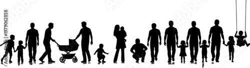 Family silhouettes collection showing parents with children walking, playing, stroller, and swing activities, parenting lifestyle concept, people figures isolated for design and illustration 