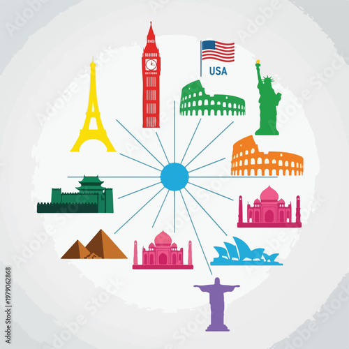 Colorful travel graphic featuring famous world landmarks connected to a hub