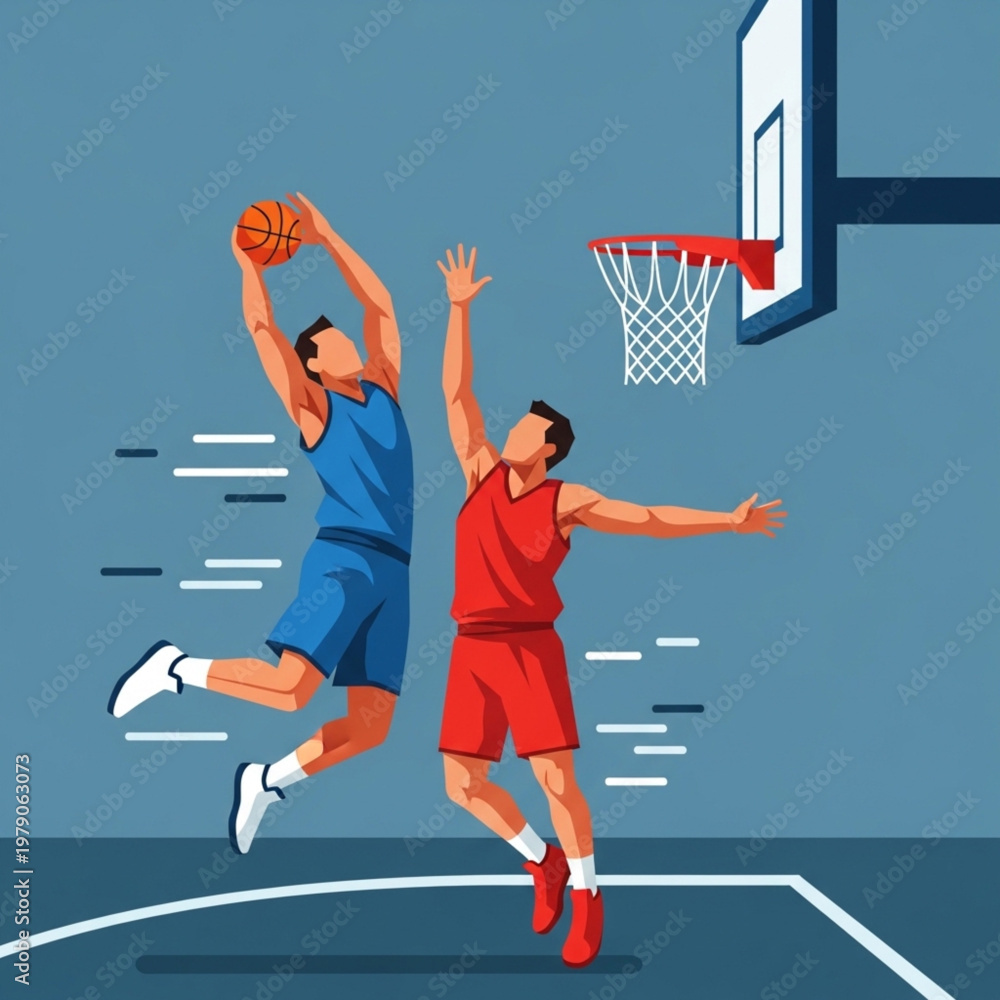 Naklejka premium Athletic Player Scoring a Layup While Being Blocked by Tough Opponent