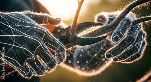 Smart Gardening Technology and Precision Agriculture Concept with Digital Wireframe Hands Pruning a Tree Branch