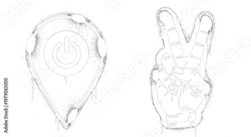 Urban graffiti vector icons set featuring map location pin with power button and peace hand sign with spray paint drips