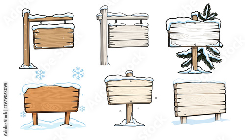 Snowy wooden signs, blank billboards, winter boards, frosty placards, icy noticeboards