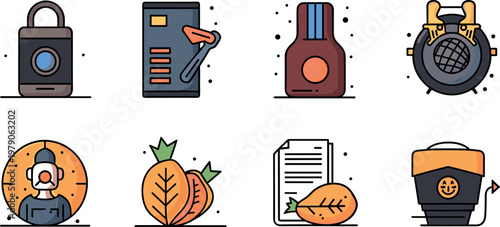Autumn security and maintenance flat icon set with lock tools fuel engine worker and seasonal elements for industry design