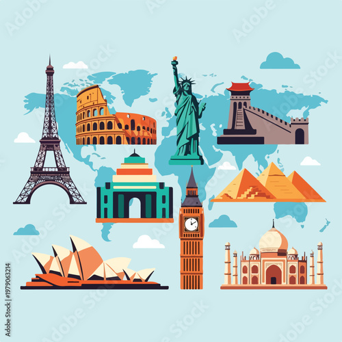 Colorful travel graphic with architectural icons on a world map