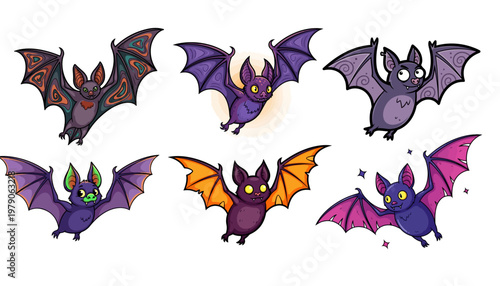 Cartoon bats, colorful bat icons, purple, orange, vector illustrations, Halloween symbols, flying mammals