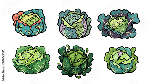 Cabbage icons, green vegetable illustrations, colorful cabbage set, cartoon food images