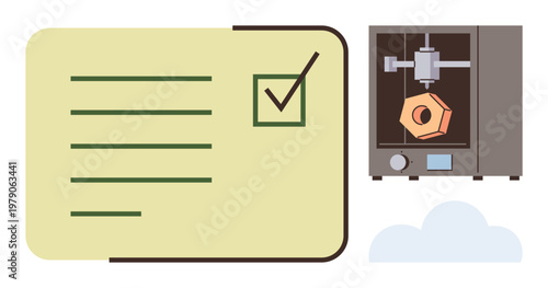 Quality control, manufacturing approval, prototype design, 3D modeling, technology workflow, innovation. Checklist with tick mark and 3D printer with printed object. Quality control and manufacturing