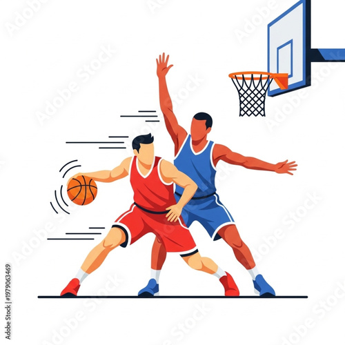 Intense Point Guard Dribbling Past Professional Defender in Flat Vector Style
