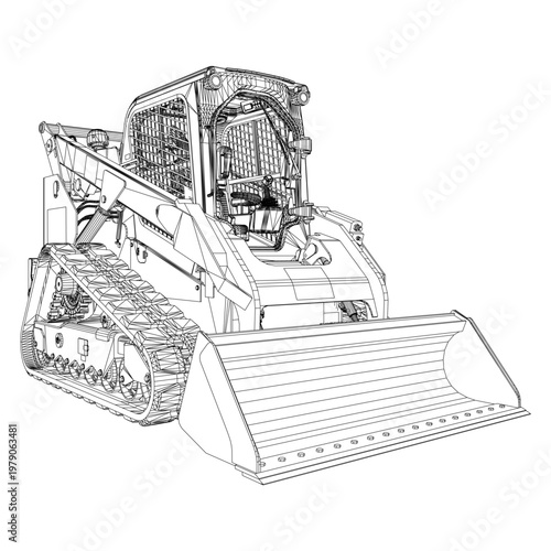 Backhoe Excavator Machine Vector. Heavy machinery with tracks and a bucket. Cabin interior visible through open window. Lines detail moving parts and metal structure. Ideal for construction.