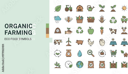 Organic farming flat icon set with agriculture livestock crops recycling and eco food production symbols for sustainable design