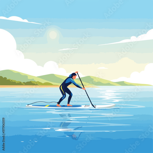 A person in a wetsuit paddleboarding on calm waters with mountains in the background