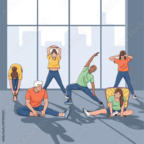 Group of people stretching in a light-filled room with large windows