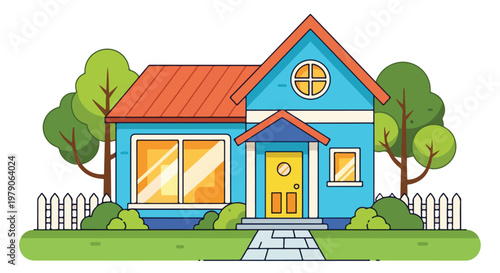 Colorful Blue House with Red Roof.